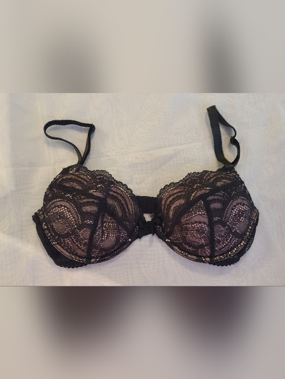 #43 - VS Victoria's Secret Push Up Plunge Demi Black Lace Pink Lining Bra, 34D